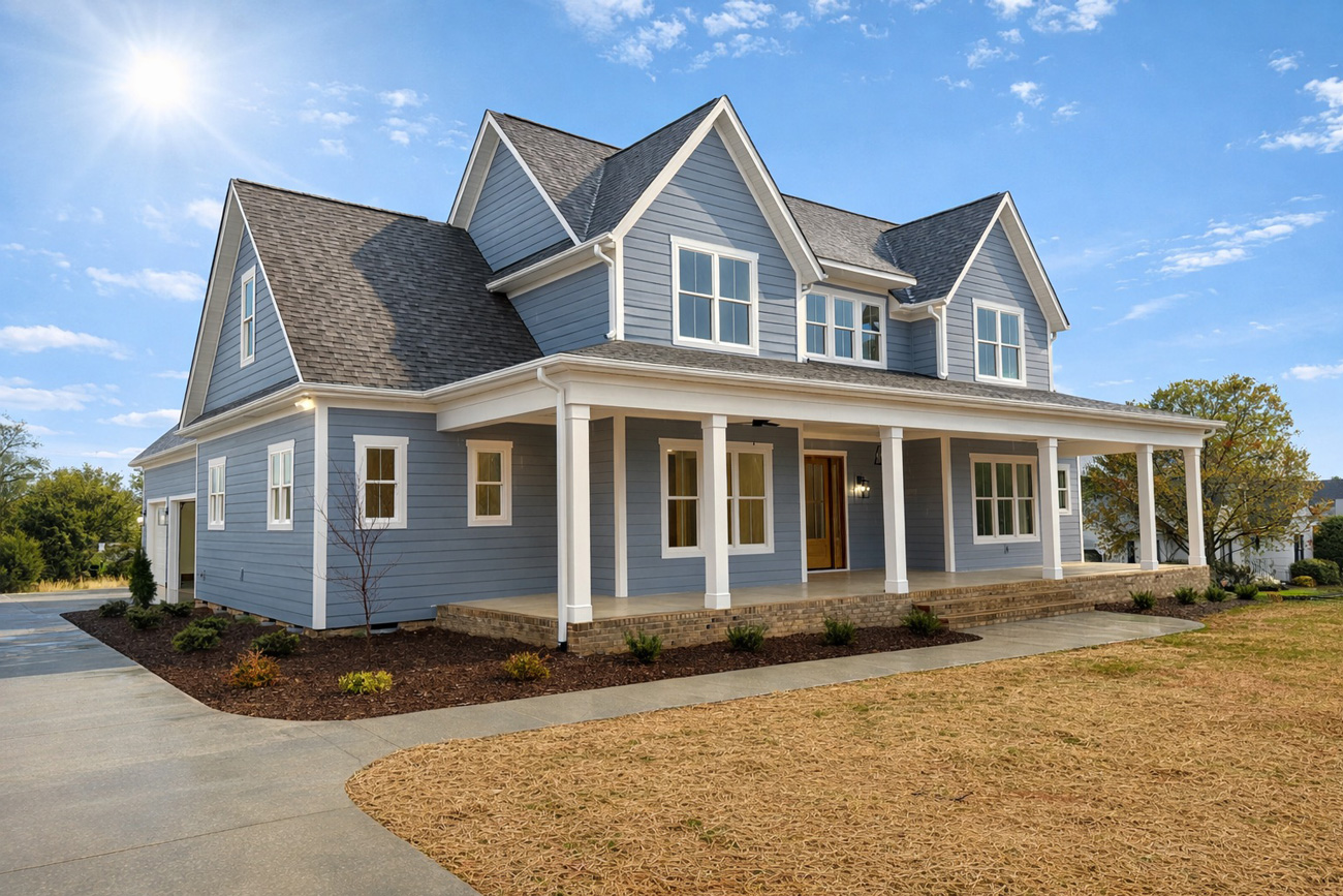 outside of custom home by smart construction, blue with large front porch