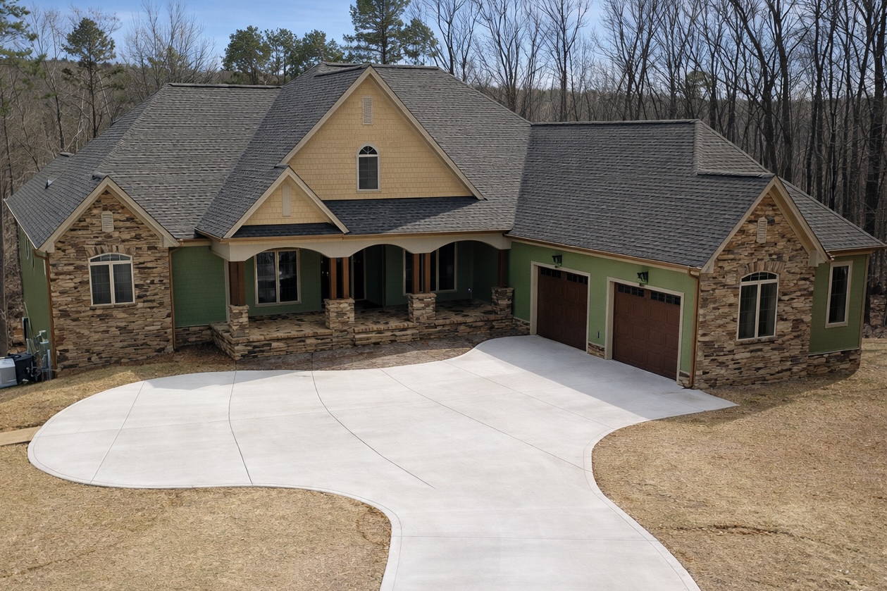 Custom craftsman-style home with green siding, stone accents, and covered front porch in Shelby North Carolina