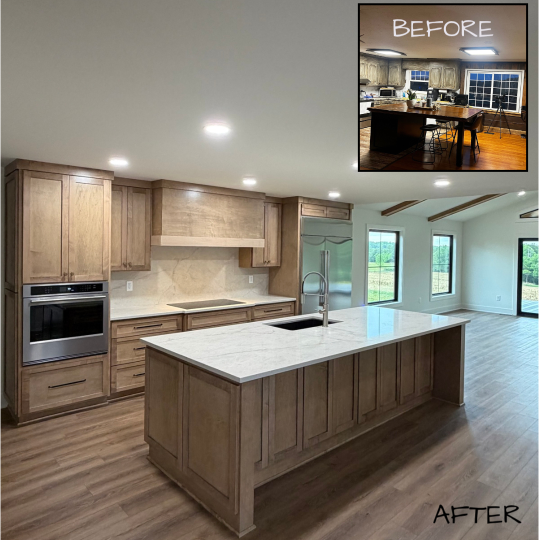 Before-and-after kitchen renovation featuring custom wood cabinetry, a large quartz island, modern appliances, and an open-concept living area.
